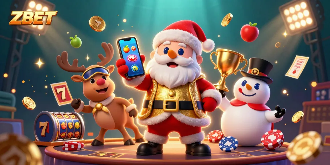 ZBET showcases a festive scene with energetic characters in a vibrant casino setting featuring slots and gaming elements.