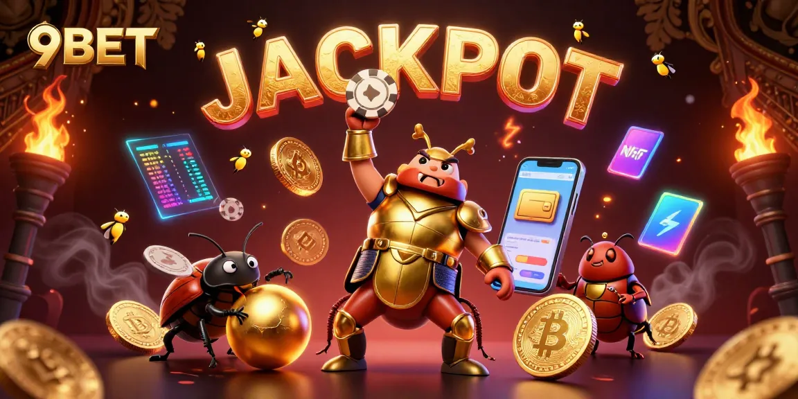 Experience thrilling fun with 9BET as a cartoon beetle claims victory over a golden poker chip.
