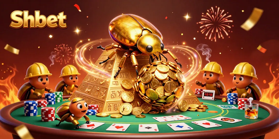 Shbet enhances gameplay excitement with dynamic golden beetles in a vibrant casino scene.