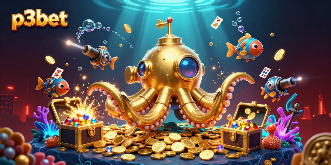 Experience thrilling gameplay at p3bet with a golden kraken and mechanical fish in a dynamic casino scene.