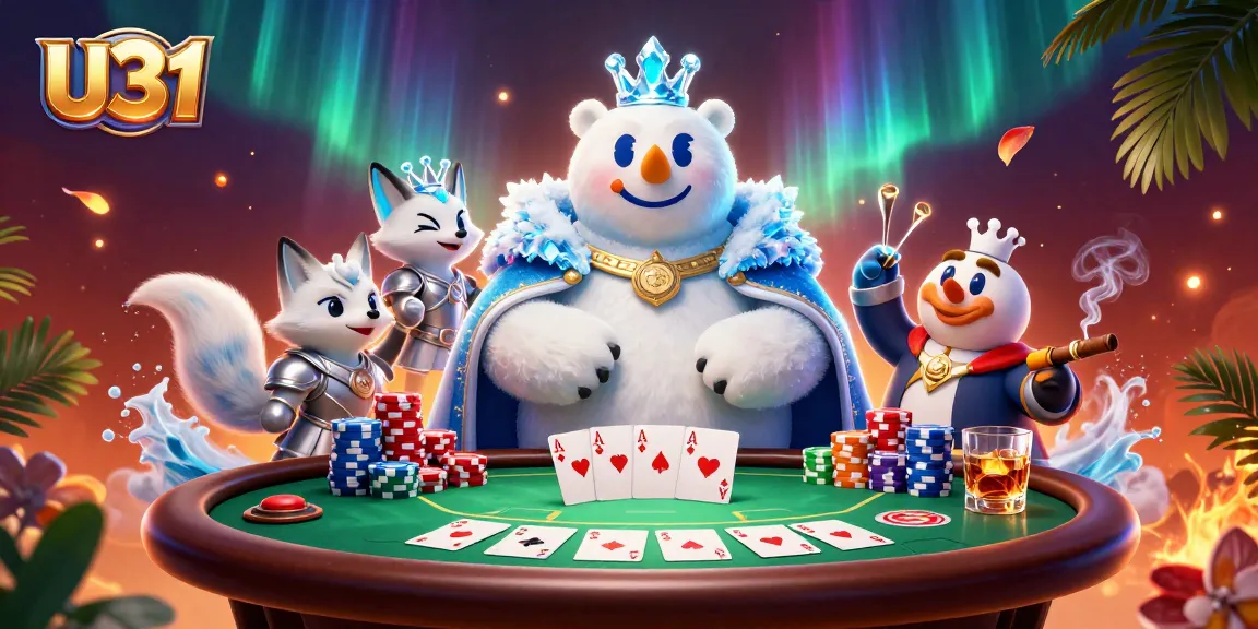 Experience U31's casino joy with a lively 3D illustration of a polar bear king and fox in a poker setting.