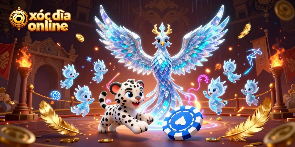 Engage in xóc đĩa online with a dynamic illustration of a phoenix, snow leopard, and ice sprites.