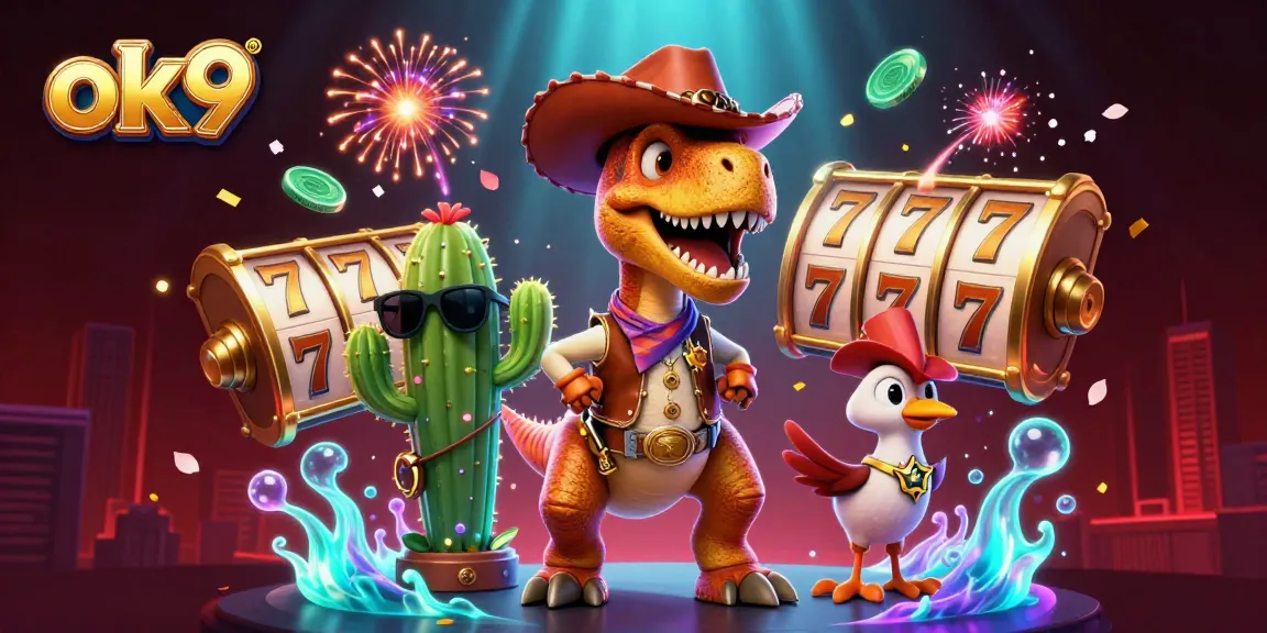 Win big with ok9's thrilling casino atmosphere featuring animated characters and floating slot reels.