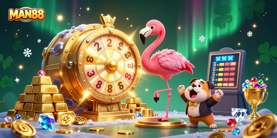 Spin the giant prize wheel with MAN88 while winning exciting rewards in a vibrant casino setting.