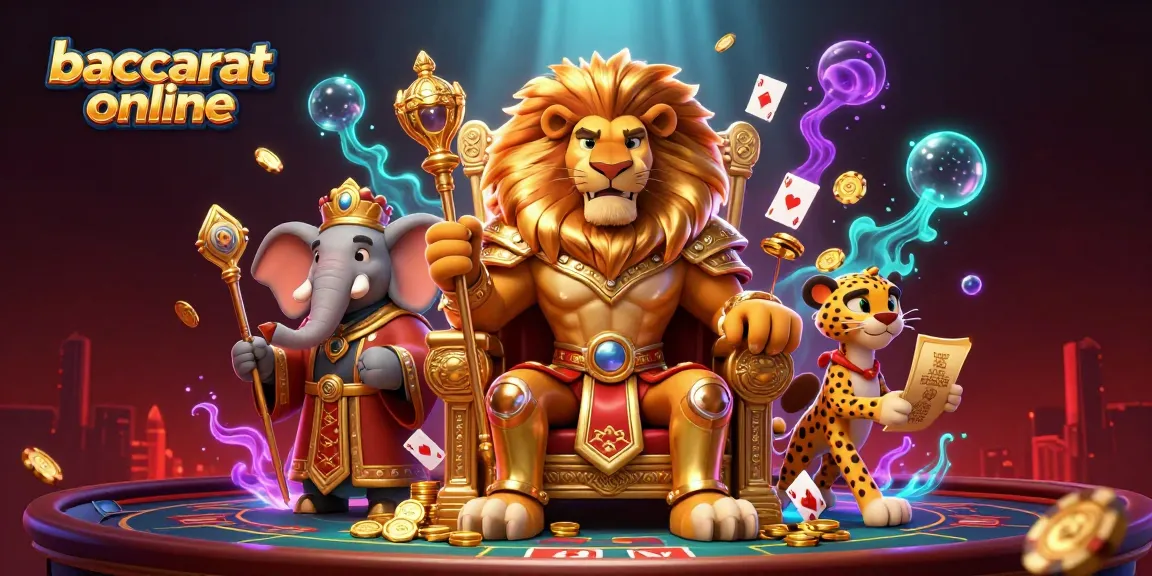 Baccarat online scene showcasing a regal lion king and his advisors amidst vibrant casino elements.