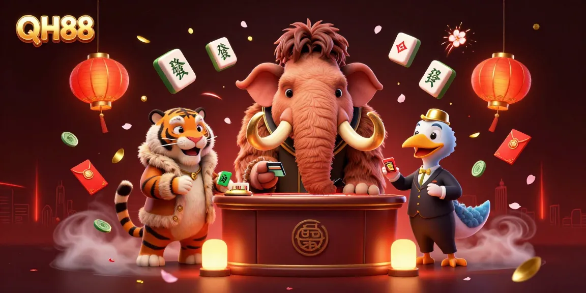 Engage with QH88 in a vibrant 3D scene featuring dynamic casino characters and festive elements.