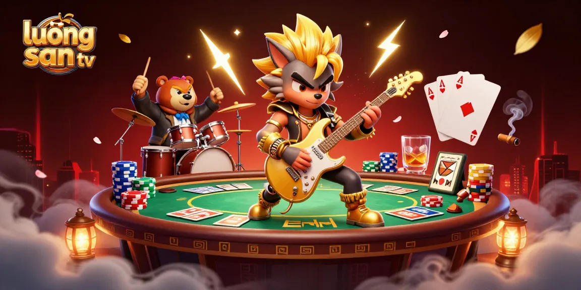 Experience lương sơn tv with a dynamic illustration of a rock star wolf and a wild drummer bear amidst vibrant casino elements.