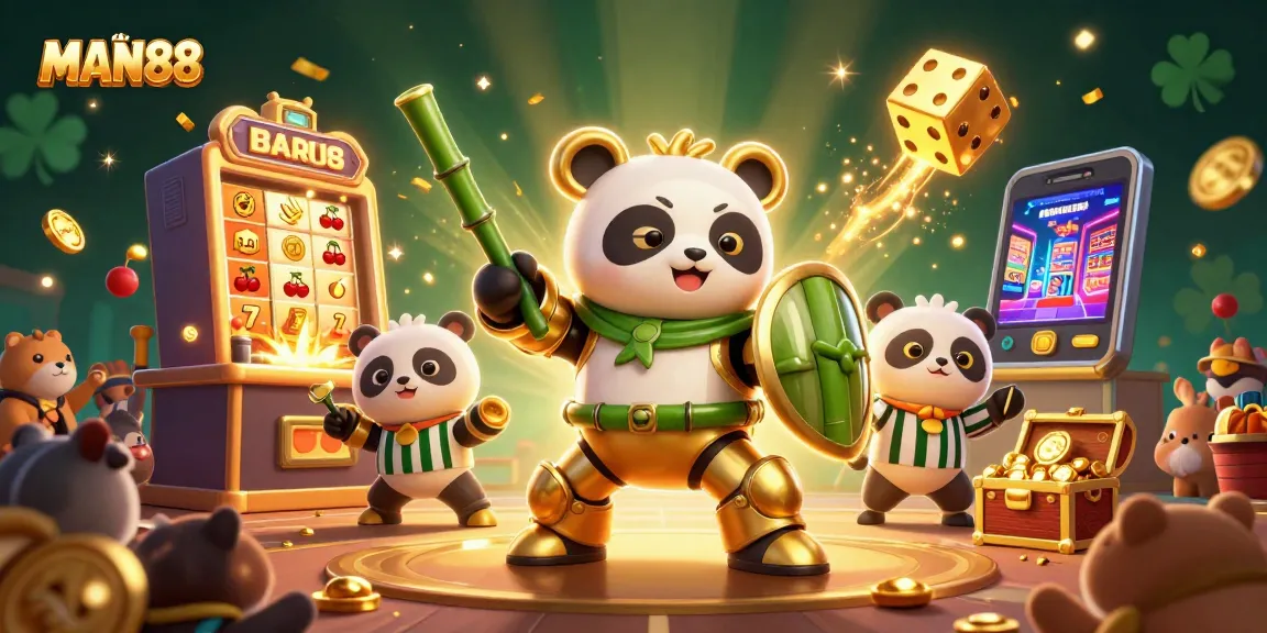 Engage with MAN88's thrilling slot machine experience, featuring dynamic gameplay and jackpot excitement amidst a festive scene.