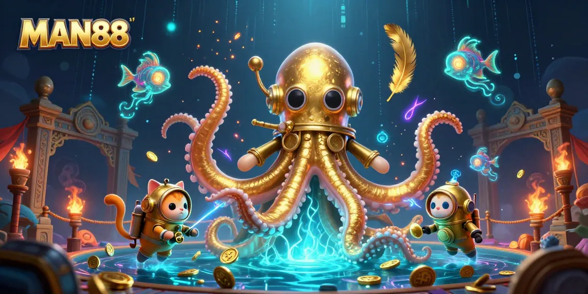 Experience the thrill of gaming with MAN88 as a kraken and diving cat explore a treasure-filled ocean.