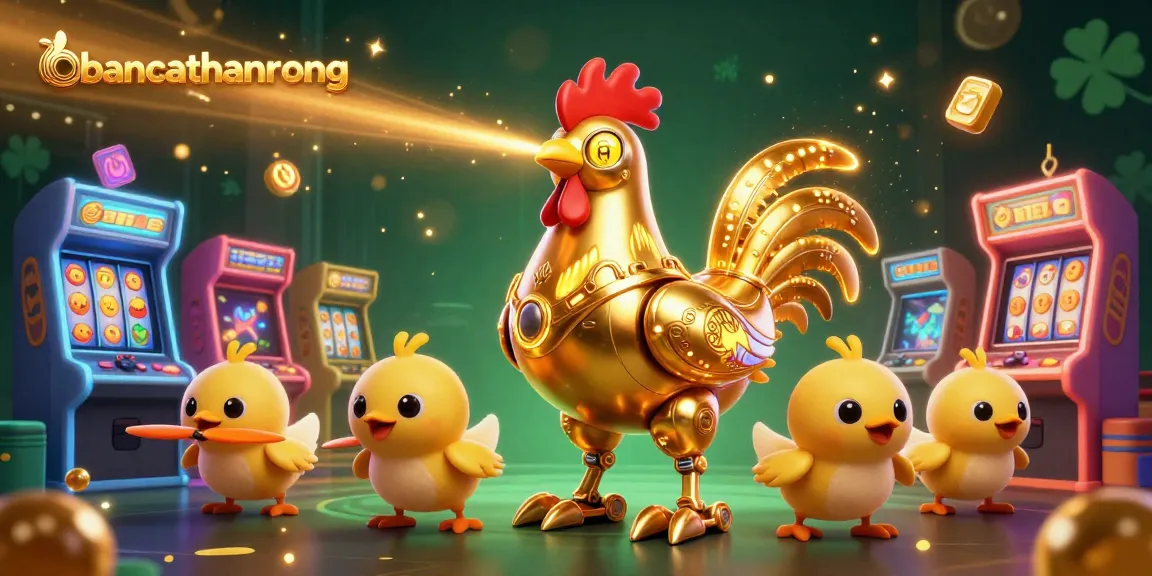 Engage with bancathanrong in an ultra-detailed casino scene featuring a golden rooster robot and gamified elements.
