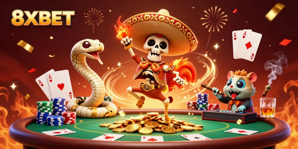 Experience excitement with 8XBET as a skeleton mariachi and friends celebrate a winning poker night!