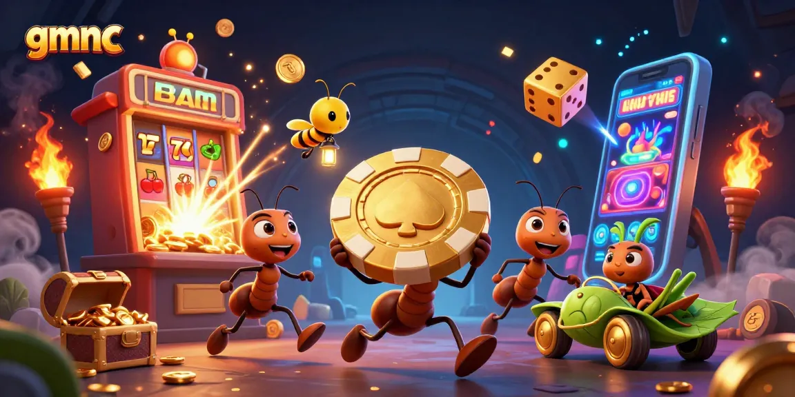 gmnc showcases a thrilling heist as ants carry a giant poker chip in a vibrant casino scene.