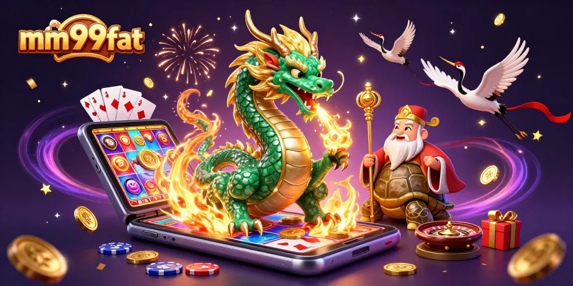 Experience thrilling wins at mm99fat with a vibrant 3D casino illustration featuring iconic game symbols.