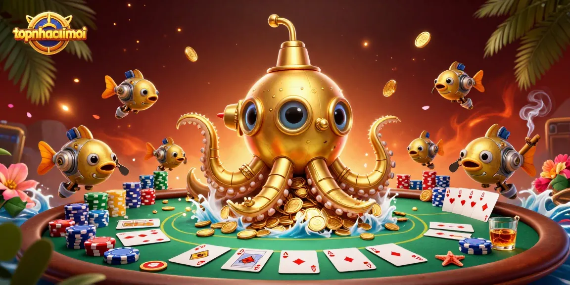 Experience thrilling gameplay with topnhacaimoi, showcasing a golden kraken submarine amidst poker excitement.