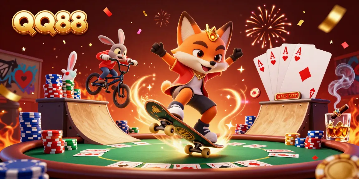 Engage in thrilling gameplay with QQ88's cartoon fox and rabbit at a vibrant casino scene.