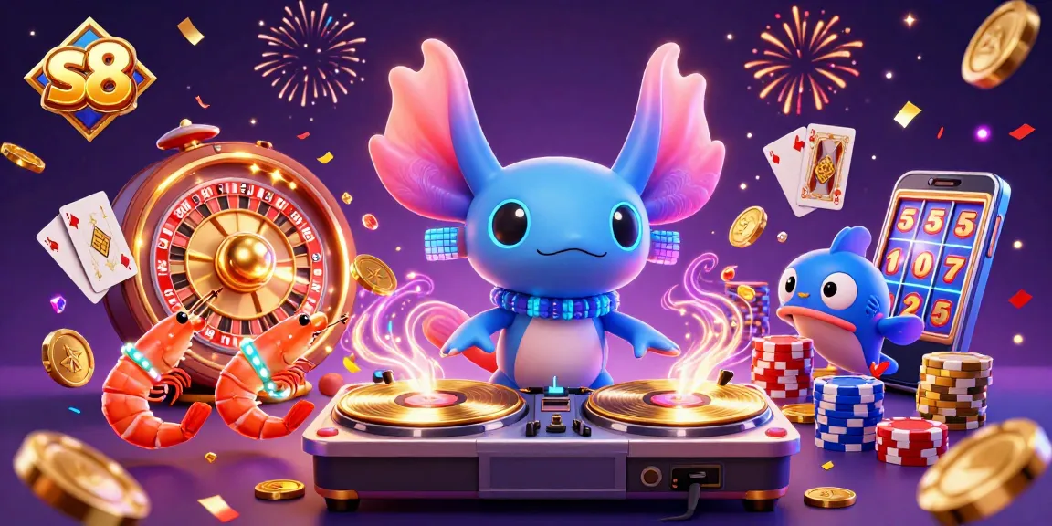 Experience the excitement at s8 with a vibrant axolotl DJ and animated characters in this lively gambling scene.