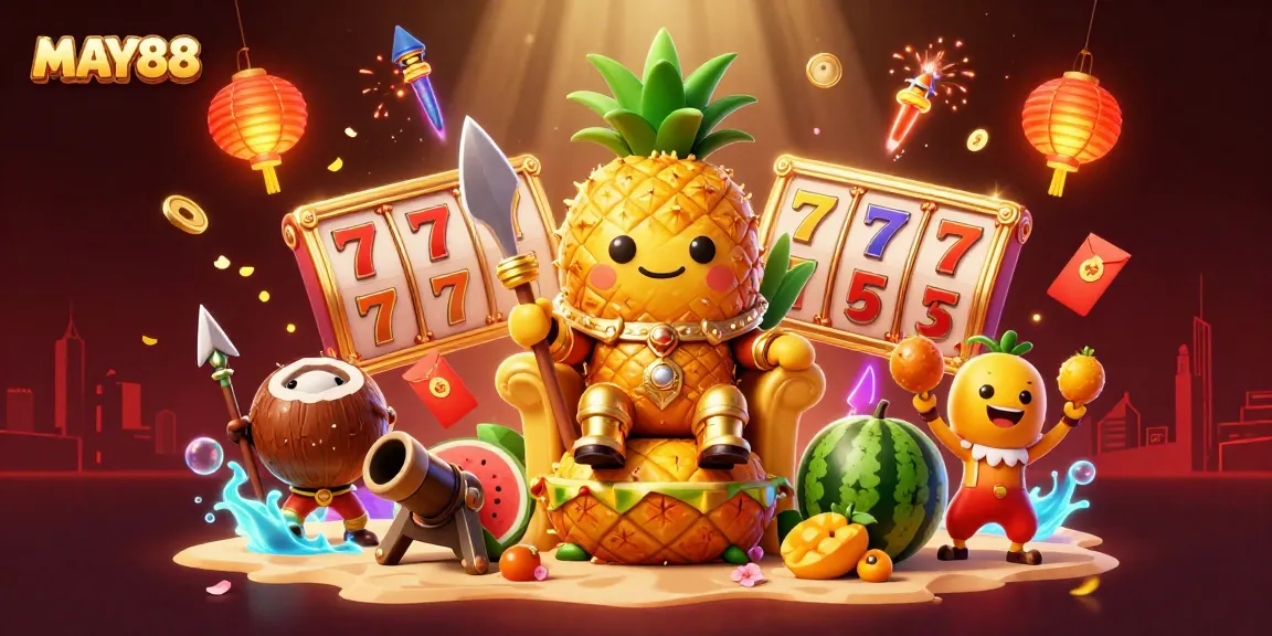 Cascade into excitement with MAY88's colorful slots and vibrant casino scene featuring a golden pineapple king and lively atmosphere.