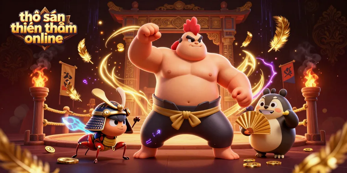 Experience thrilling excitement with thợ săn tiền thưởng online, featuring a powerful sumo wrestler rooster, a fierce cricket, and dynamic gambling elements.