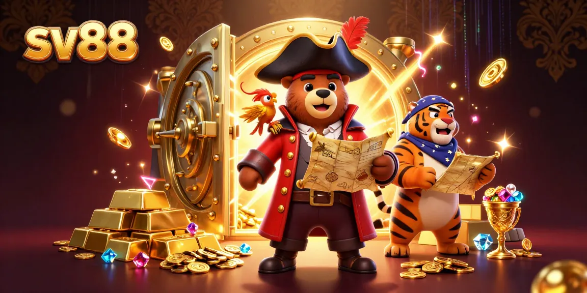 Win big at sv88 with a dynamic 3D illustration featuring an adventurous pirate captain bear and his fierce companions.