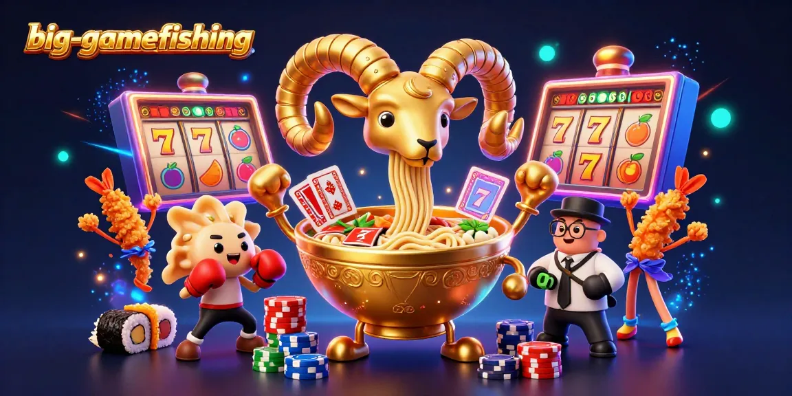 Engage in big-gamefishing at a vibrant 3D casino with a ramen bowl dealer and slot games.