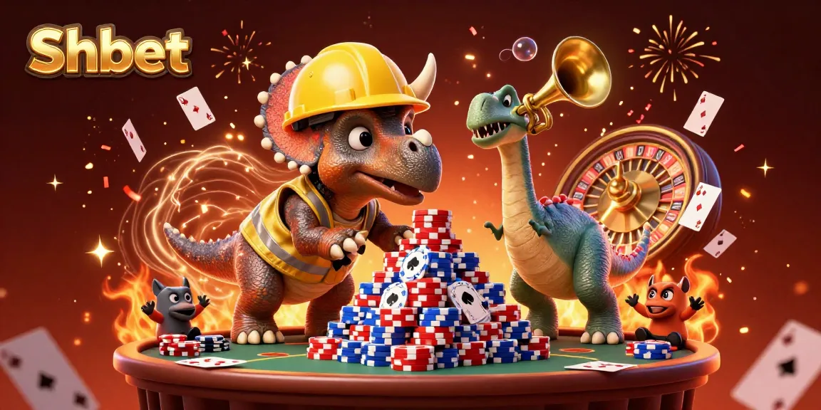 Join the excitement at Shbet with a lively gaming scene showcasing poker tables and vibrant characters.