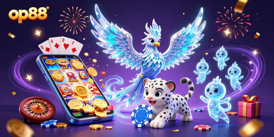 Experience the thrill of op88 with dazzling ice phoenix and a snow leopard cub in a vibrant casino scene.